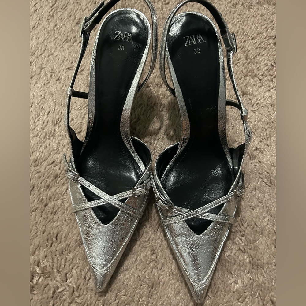 Zara Metallic Silver Strappy Heels